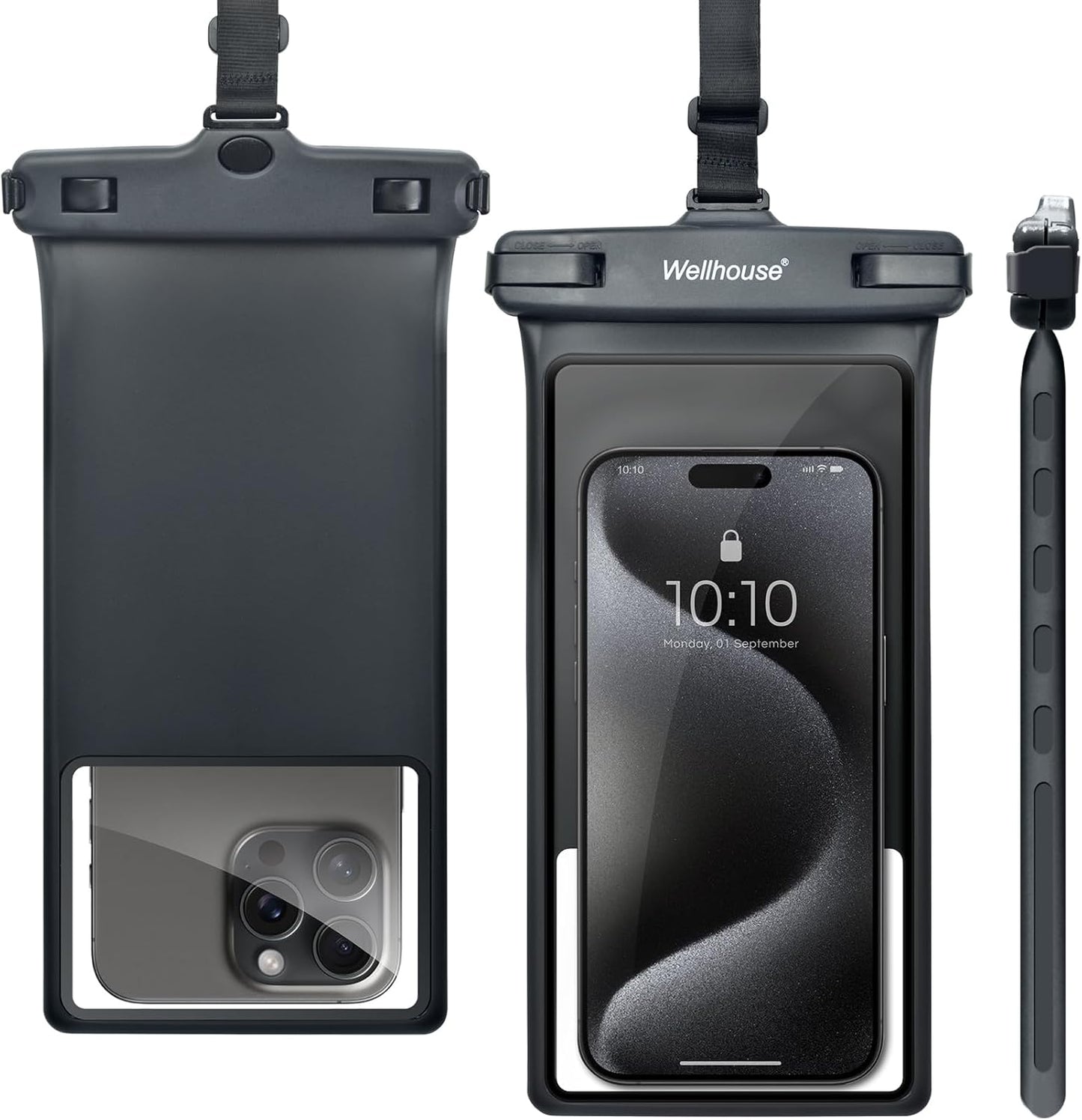 wellhouse Waterproof Phone Pouch, Waterproof Phone Case for iPhone 16 15 14 13 12 Pro Max XS Samsung, IPX8 3D Cellphone Dry Bag Beach Essentials (1 Pack - Black8.0, 8 inch)
