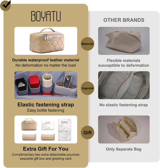 Travel Makeup Bags for Women Cosmetic Bag: Puffy Make up Bags Set of 3 - Vegan Leather Makeup Organizer - Waterproof Large Toiletry Bag with Compartments - Travel Essentials (Khaki)