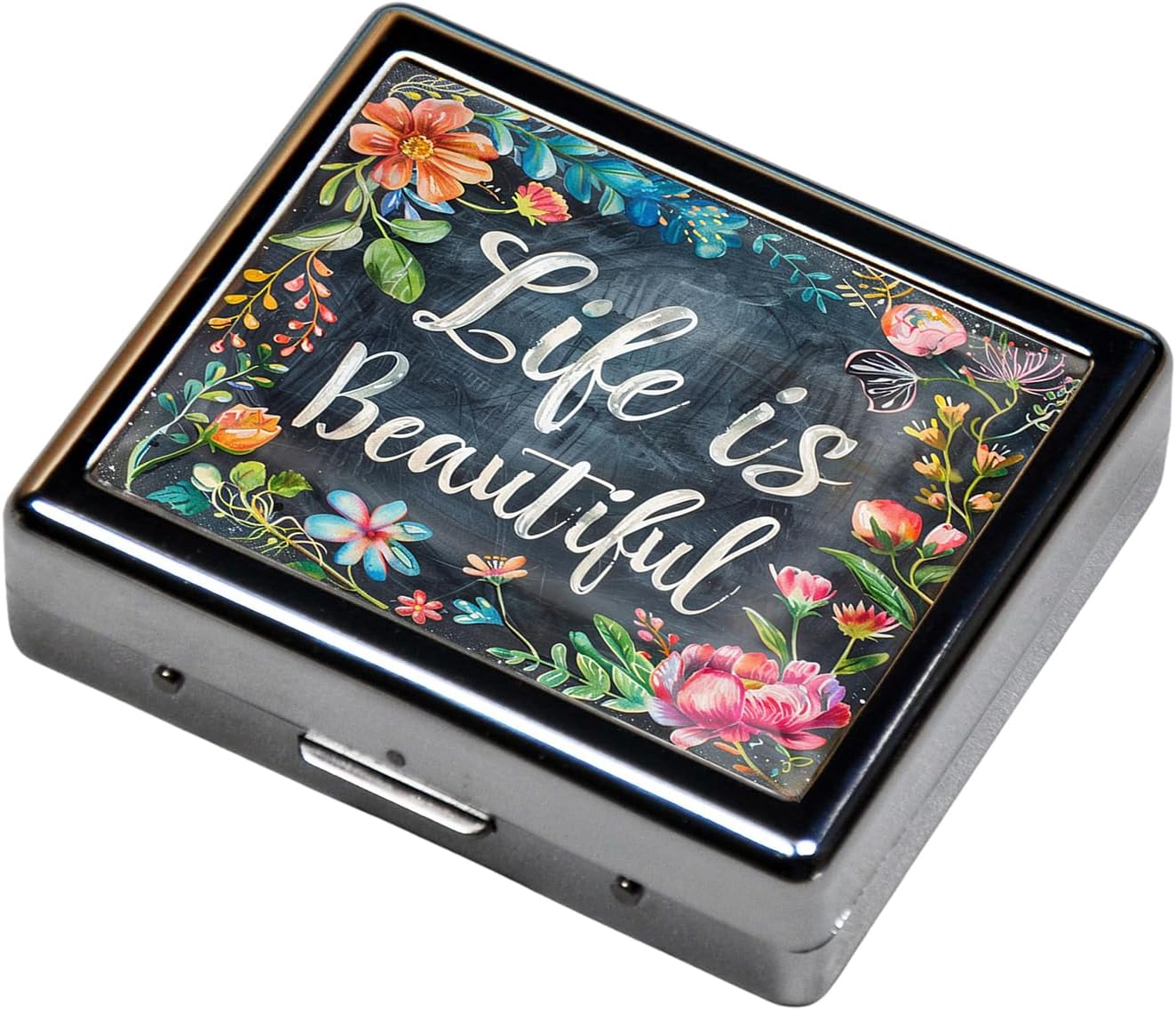 Cute and Portable Metal Pill Organizer – 8 Compartments, Elegant Chrome Finish, Ideal for Travel and Daily Use (Life is Beautiful Floral)