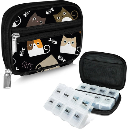 Serfeymi Weekly Travel Pill Organizer Pill Case for Purse with Removable 7 Day Pill Box, Fashionable Travel Medicine Organizer Pill Container for Medicine, Vitamin, Supplement - Black 03 + Pill Box