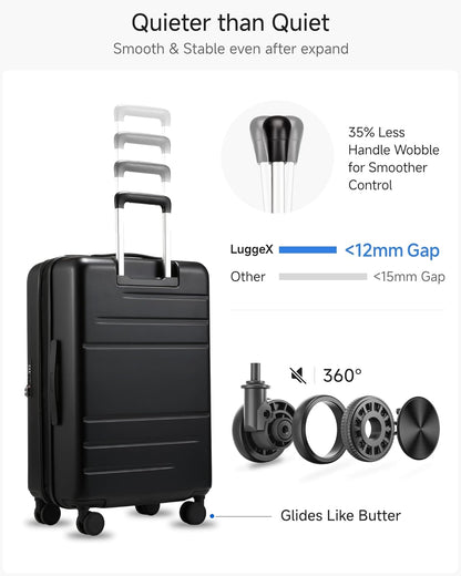 Checked Luggage Top Opening, FLT Expandable Polycarbonate Hard Shell Suitcase with Wheels (FLO-Lite, Black, 24 Inch, 63L-70L)