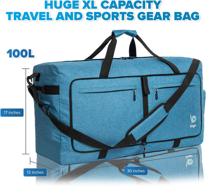 Bago Large Foldable Duffel Bags for Traveling Women & Men - 100L Packable Duffle Bag for Travel with Shoe Compartment - Water Repellant, Heavy Duty, Lightweight Folding & Collapsible (SnowBlue)