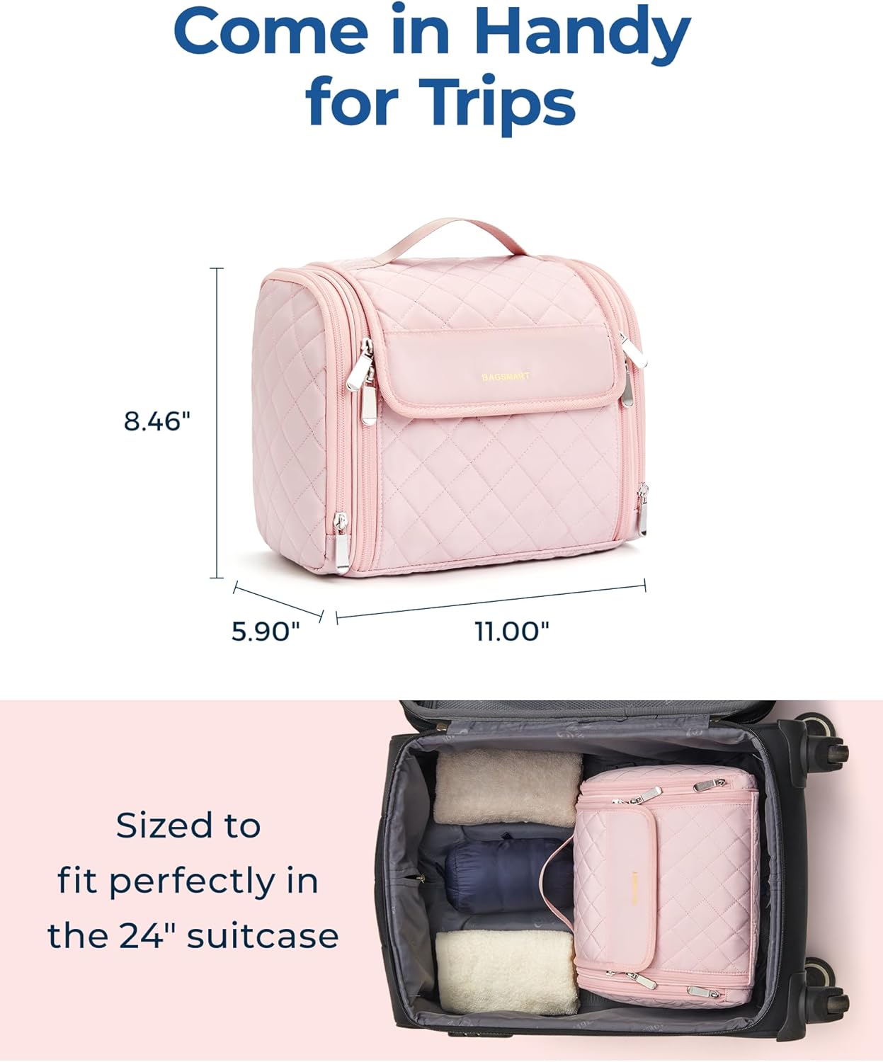 BAGSMART Makeup Bag for Women with Hanging Hook, Large Portable Capacity Water-resistant Organizer Travel Case for Toiletries and Cosmetics, Pink