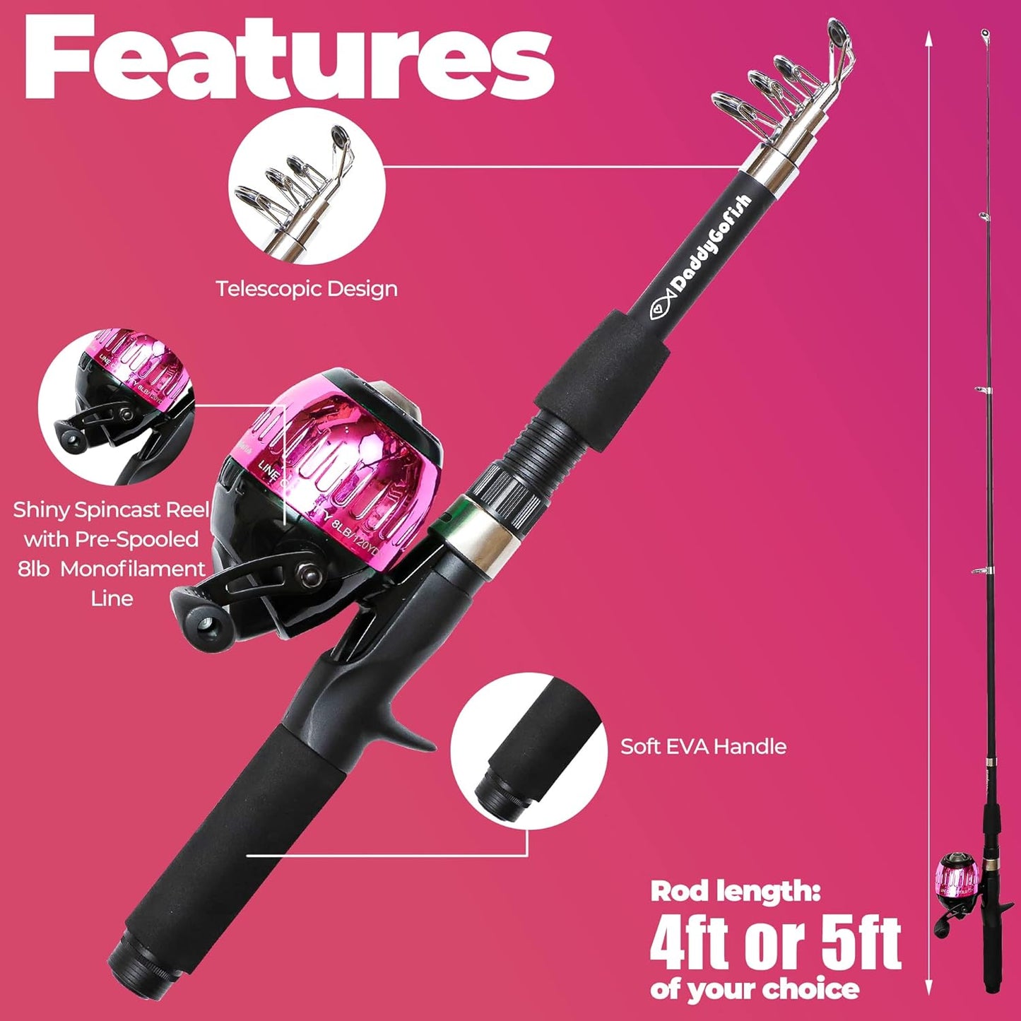 DaddyGoFish Kids Fishing Pole - Rod Reel Combo Tackle Box Starter Set - First Year Small Dock Gear Kit for Boys Girls Toddler Youth Age Beginner Little Children Junior Anglers Older Kids