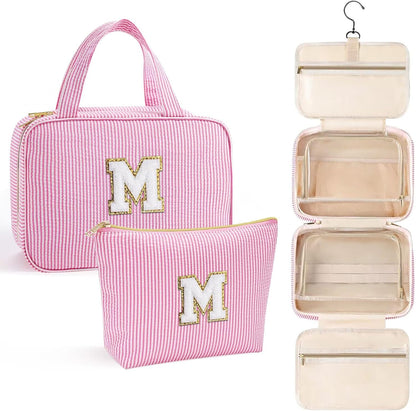 YOOLIFE Birthday Gifts for Women Teen Girls - Hanging Toiletry Bag Initial Makeup Bag, Personalized Large Toiletry Bag, Gifts for Women Teen Girls Daughter Sister - Letter M, Pink
