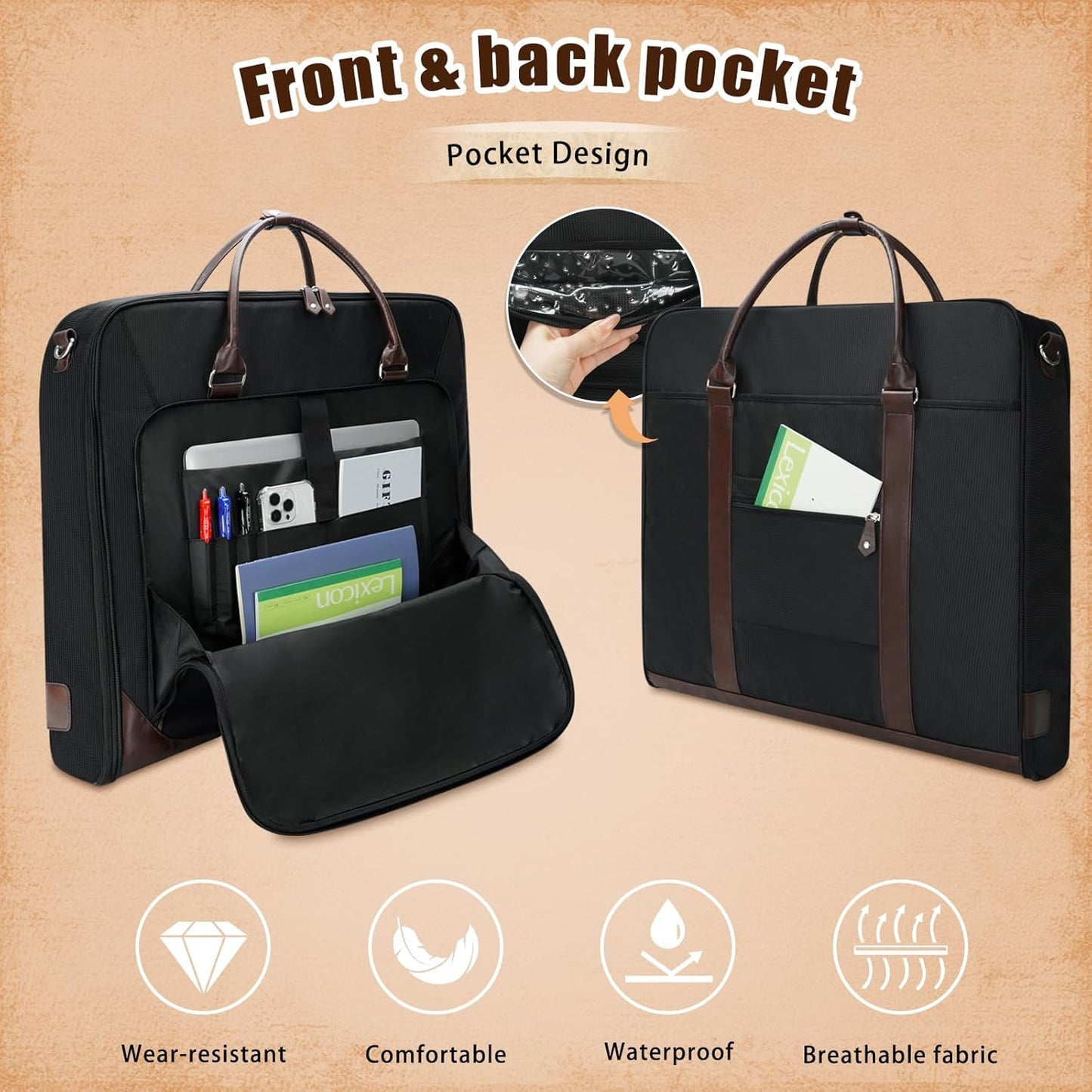 Garment Bag Travel Large Leather Carry On Suit Bag with Strap for Business Hanging Suitcase Luggage Bags for Men Women (Black)