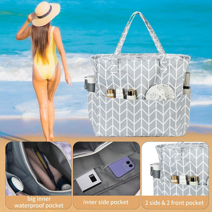 LEDAOU Beach Bag Waterproof Sandproof Women Tote Bag Pool Bag with Zipper for Gym Grocery Travel with Wet Pocket