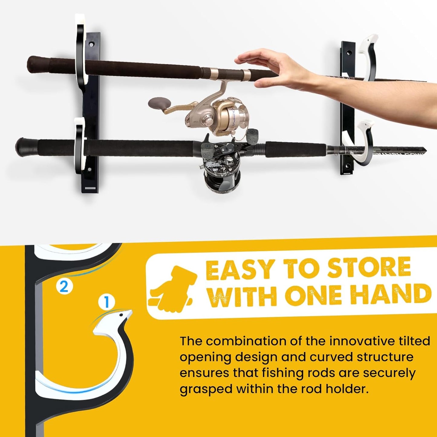 QudraKast Horizontal Fishing Rod Holder for Garage Wall Ceiling Mount - Fishing Pole Holders Fishing Rod Rack Holds Up to 2 Rods or Combos, Ideal Fishing Gift