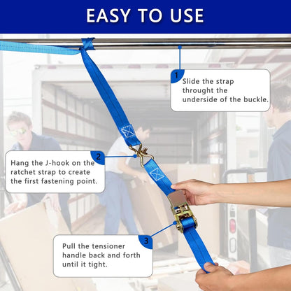 Ratchet Straps (4-Pack), 1 Inch x 16.4 Feet (2200lb Break Strength) with Sturdy Metal Hooks, 1x Work Gloves, Heavy Duty Tie Down Straps for Truck, Cargo Trailer, Motorcycle, Luggage, Moving (Blue)