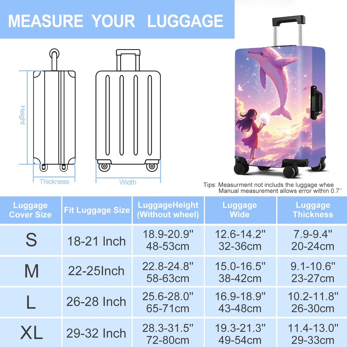 Luggage Cover Washable Suitcase Protector Anti-Scratch,Stretchable Fit for 20-34Inch Luggage Durable Travel Bag Cover with Zipper Closure (Dolphin, L(fits 28-30Inch suitcase))