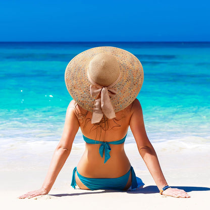 DRESHOW Beach Hats for Women Big Straw Wide Brim Summer Hat Floppy Foldable Roll up Cap Sun Hat UPF 50+