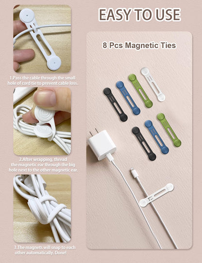Kanemc 8-Pack Magnetic Cable Ties, Magnet Cord Wraps Reusable Silicone Cable Organizer Twist Zip Ties For USB Earphone Computer Smartphone Charging Cords (4Colors)