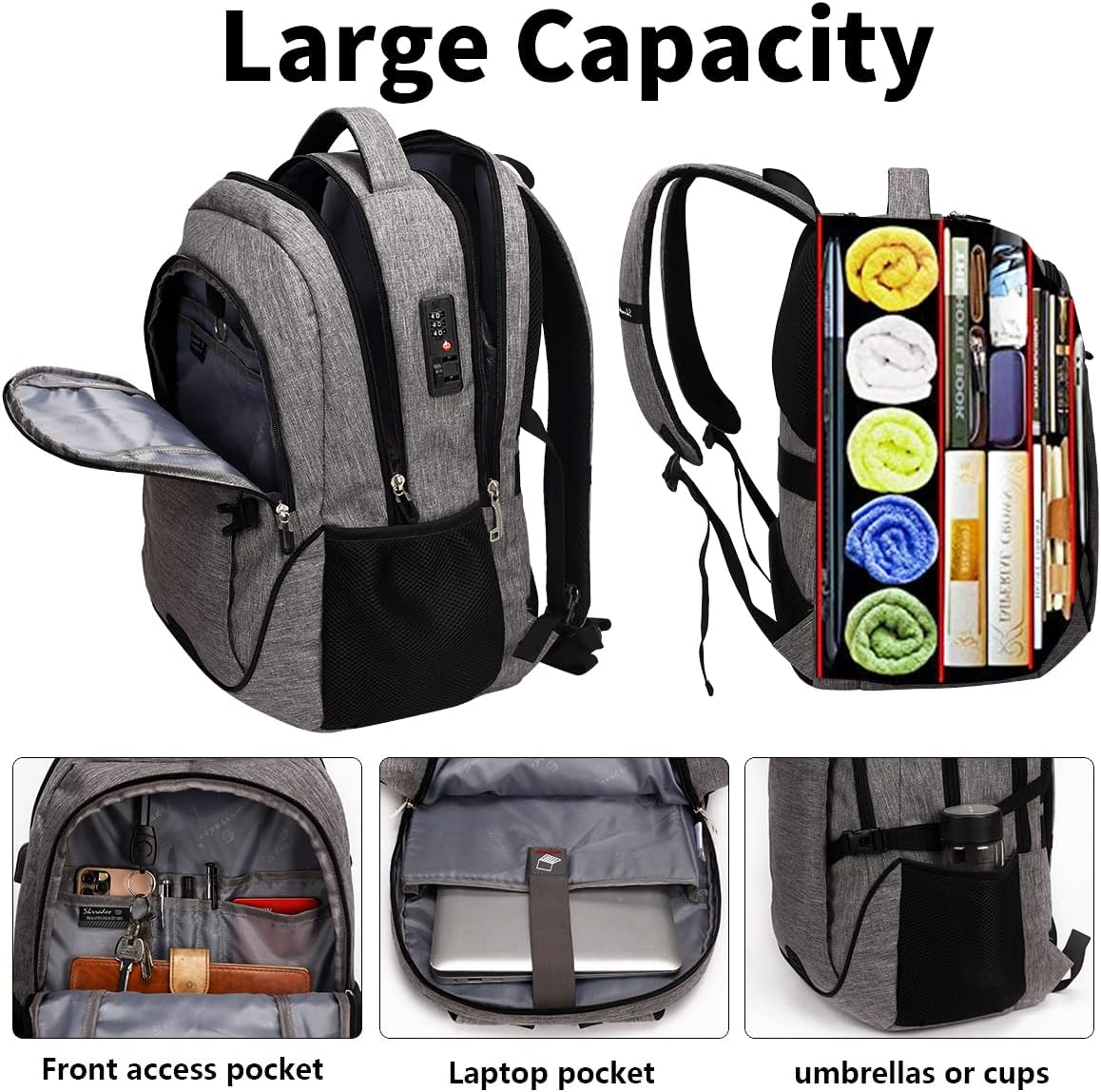SHRRADOO Anti Theft Laptop Backpack Travel Backpacks with usb Charging Port for Women Men High School College Backpack Computer Bag Fits 17 Inch Laptop,Black