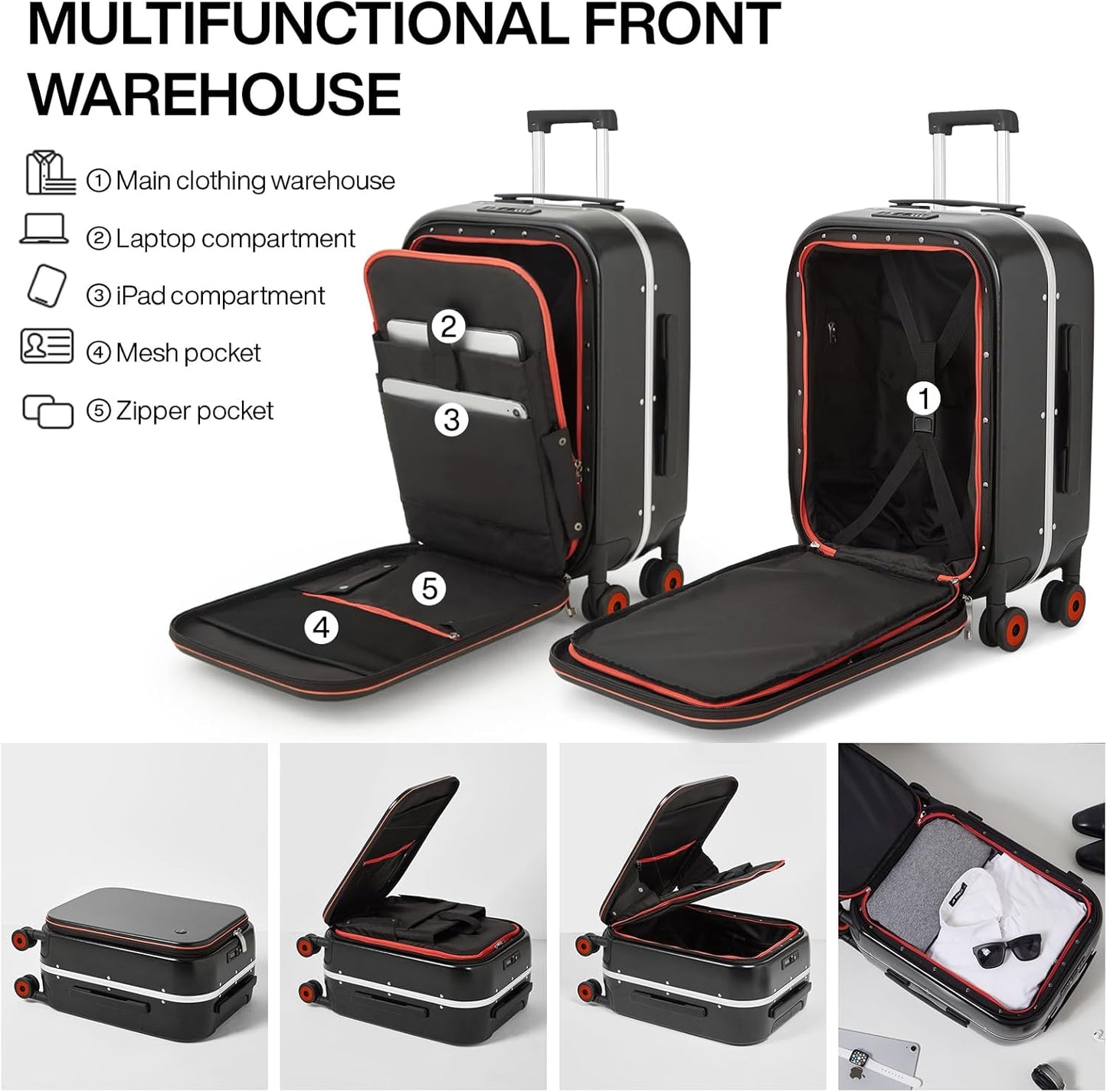 mixi Carry On Luggage, 20'' Suitcase with Front Laptop Pocket, Travel Rolling Luggage Aluminum Frame PC Hardside with Spinner Wheels & TSA Lock and Cover - Black Hollow Wheel