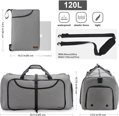 120L Duffle Bag for Travel, Large Foldable Waterproof Travel Duffel Bags Weekender Overnight Bag for Men and Women with Shoe Compartment (Gray)