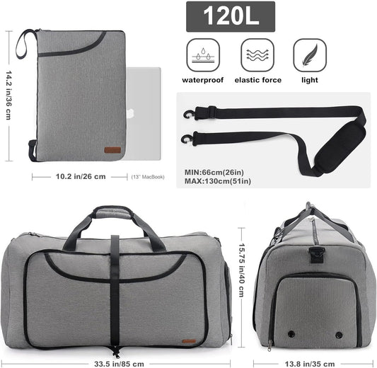 120L Duffle Bag for Travel, Large Foldable Waterproof Travel Duffel Bags Weekender Overnight Bag for Men and Women with Shoe Compartment (Gray)