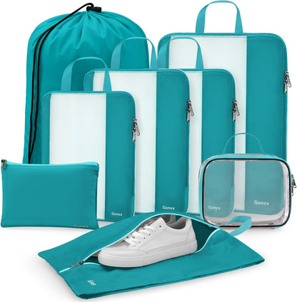 Gonex 8 Set Compression Packing Cubes, Expandable Mesh Organizer for Travel Accessories, Essentials With Toiletry, Laundry, Shoe, Cable Bags for Suitcases, Blue