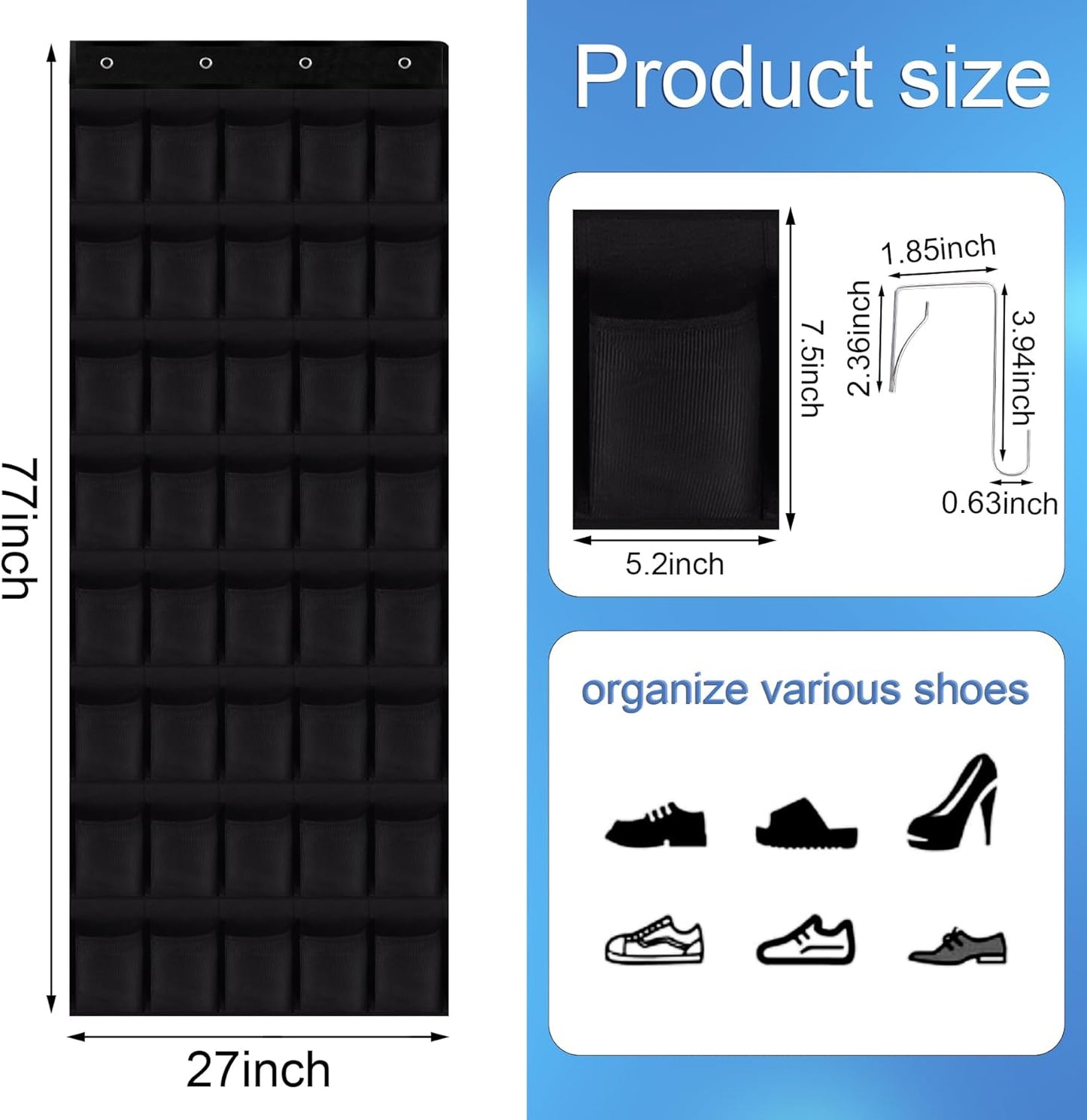 40 Mesh Pocket Over the Door Shoe Organizer,Hanging Shoe Rack for Closet Storage Holder for Dorm Room College Classroom Storag(Black)