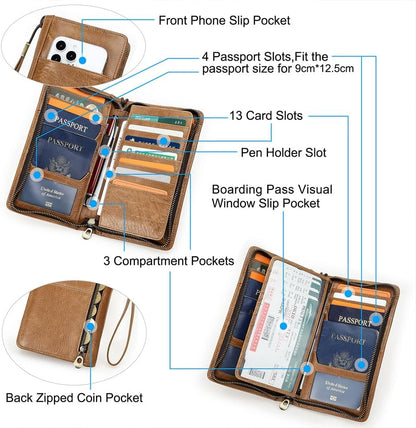CONTACTS Travel Family Passport Holder for 4 Genuine Leather Passport Wallet RFID Blocking Passports Organizer 3 Layer Design Fit 4 Passports, 13 Credit Cards (Camel Brown)