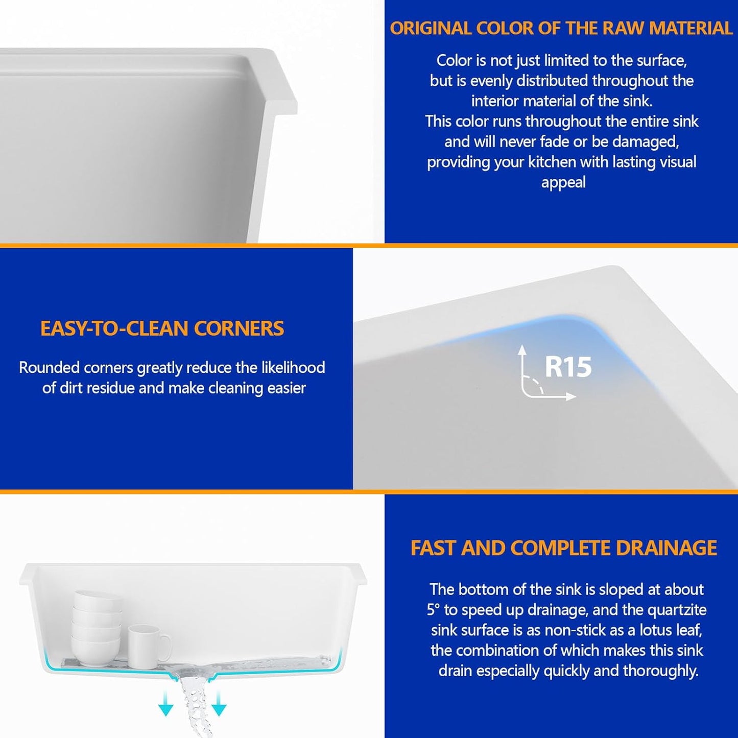 Dcolora 33" Quartz Granite Composite White Kitchen Sink Undermount Sink Deep Single Bowl, Round Corner, 33"x19", DC-GU7750