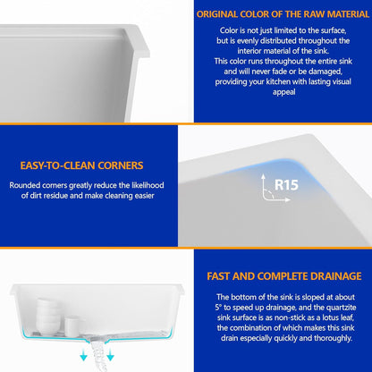 Dcolora 33" Quartz Granite Composite White Kitchen Sink Undermount Sink Deep Single Bowl, Round Corner, 33"x19", DC-GU7750