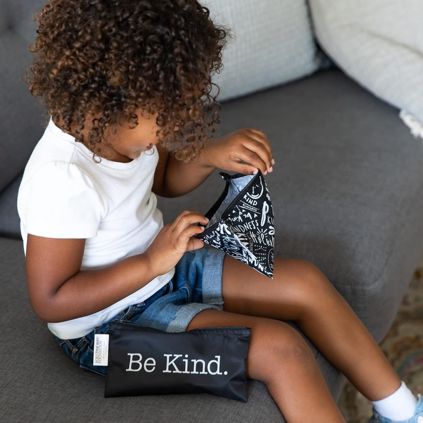 Bumkins Reusable Snack Bags, for Kids School Lunch and for Adults Portion, Washable Fabric, Waterproof Cloth Zip Bag, Supplies Travel Pouch, Food-Safe Storage, 2-pk Born This Way Be Kind