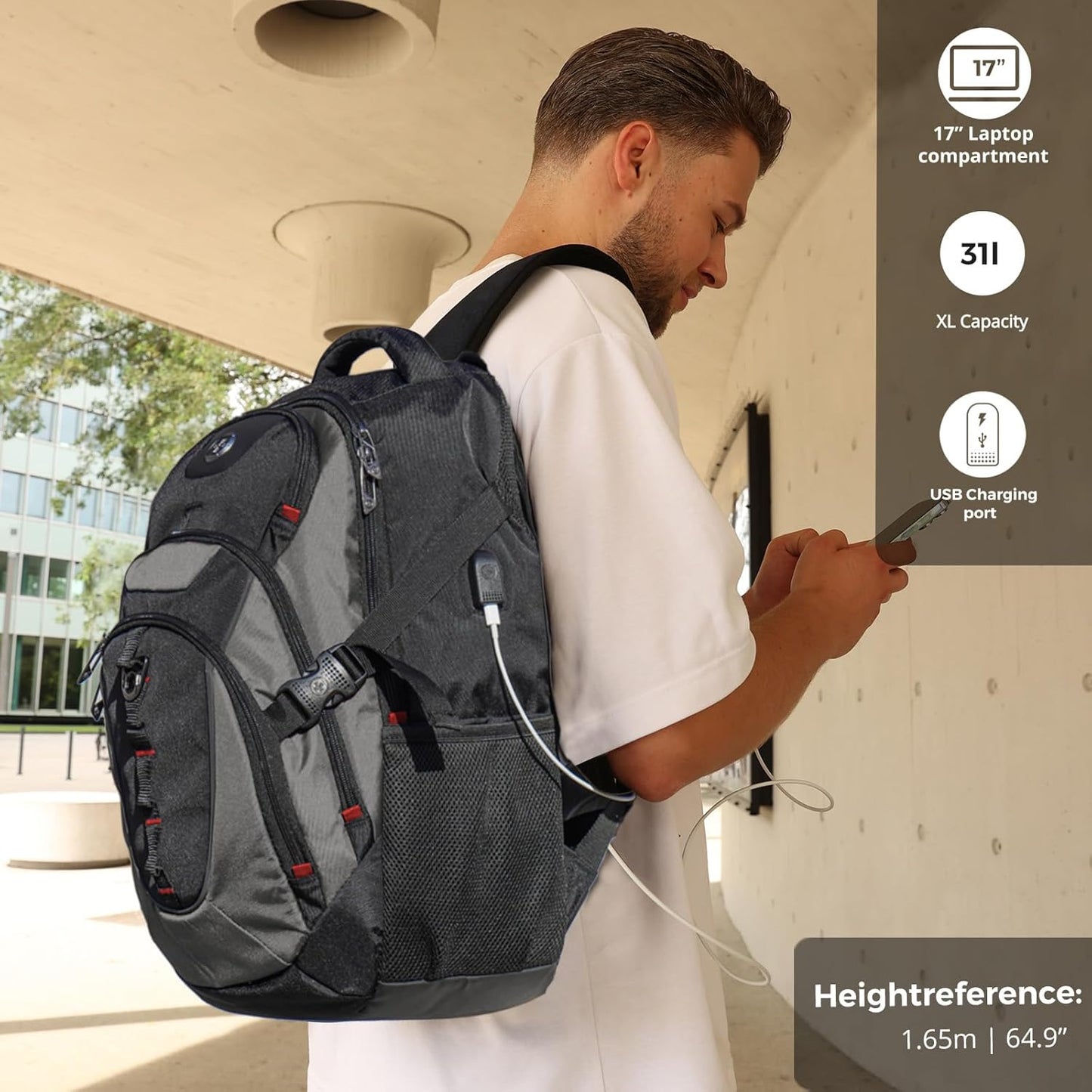 Swissdigital Design Laptop Backpack with USB Charging Port, TSA Travel Backpack Fits 15.6 inches Computer, 31L College School Backpack for Men, Black/Grey | SD803