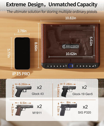 BILLCONCH Gun Safe for Handgun - Biometric Pistol Safe 4 Ways Quick Access with Fingerprint/Full-digital Keypad/Key/APP Lock and Security Cable for Nightstand Bedside Home - Antique Bronze