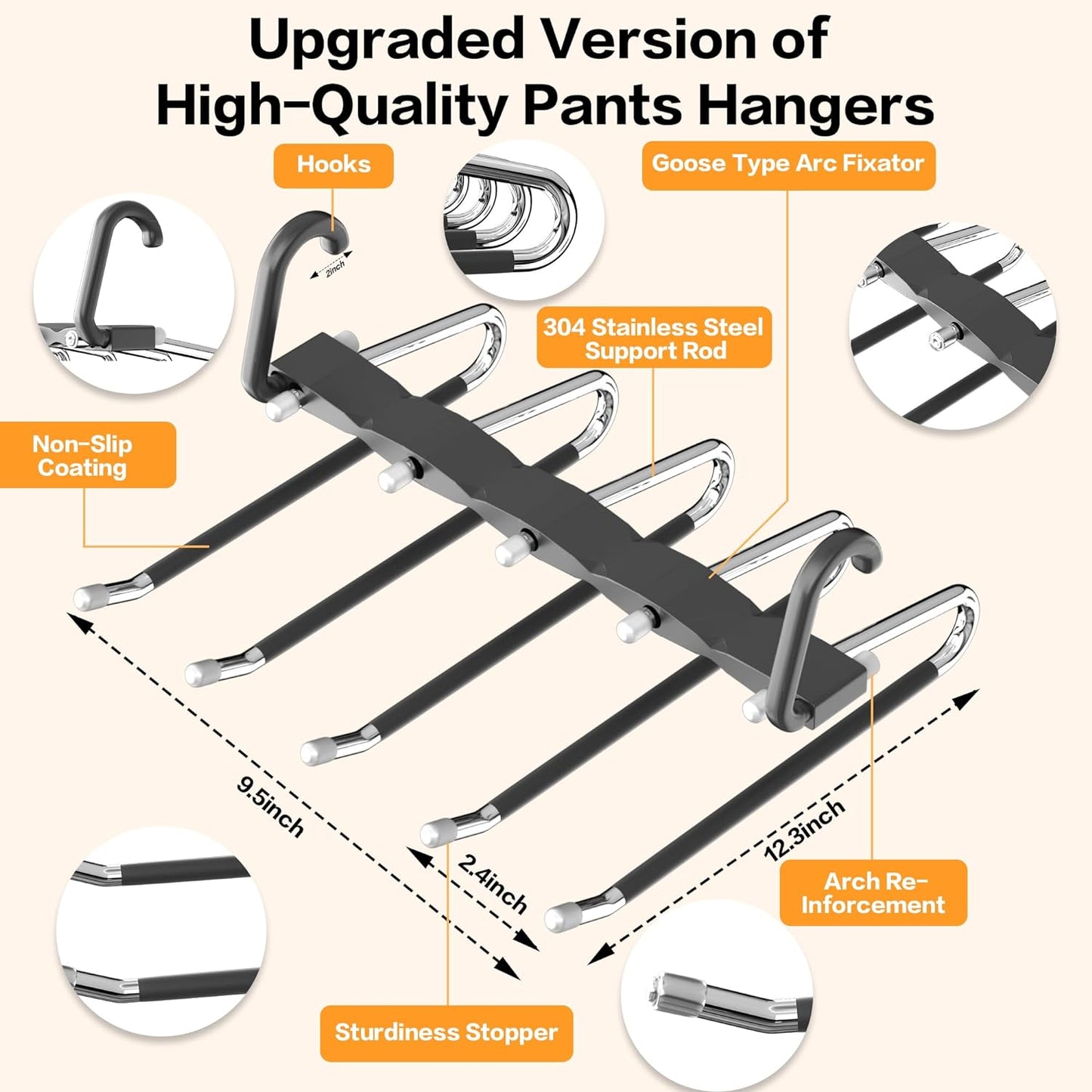 Pants Hangers Space Saving - 4 PCS Closet Organizer and Storage Jean Hangers, Stainless Steel Anti-Slip Clothes Hanger Scarf Holder Pants for Jeans Leggings Trousers Rack for Back to School, Black