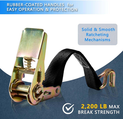Black Ratchet Straps (4-Pack), 1 Inch x 16.4 Feet (2200lb Break Strength) with Sturdy Metal Hooks, 1x Work Gloves, Heavy Duty Tie Down Straps for Truck, Cargo Trailer, Motorcycle, Luggage, Moving