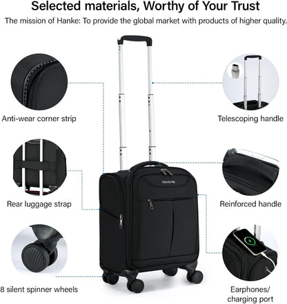 Hanke Underseat Carry On Luggage with Wheels, Lightweight Small Suitcase Airline Approved 16 Inch Softside Personal Item Travel Bag for Women Men, Compact Under Seat Luggage with Spinner Wheels,Black