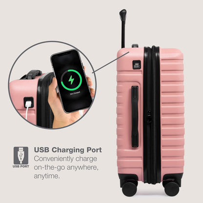U.S. Traveler Boren Polycarbonate Hardside Rugged Travel Suitcase Luggage with 8 Spinner Wheels, Aluminum Handle, Pink, Carry-on 22-Inch, USB Port
