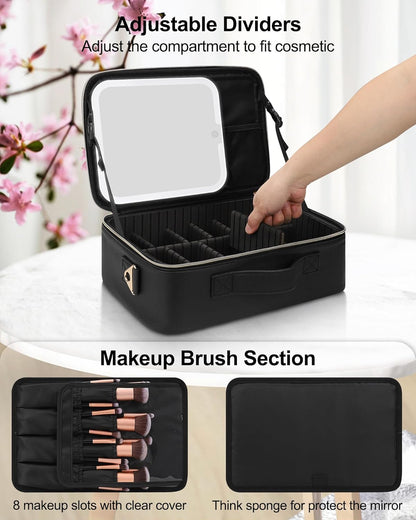 Chomeiu Makeup Bag with LED Mirror, Travel Cosmetic Train Case for Women, Makeup Artists Large Organizer Box with Vanity Light Up Mirror, 3 Color Lights, Adjustable Dividers & Shoulder Strap (Black)