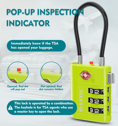 ANVIL TSA Approved Luggage Locks – High Security TSA008 Combination Travel Locks with Inspection Indicator for Suitcases and Backpacks. (3, Grass Green)