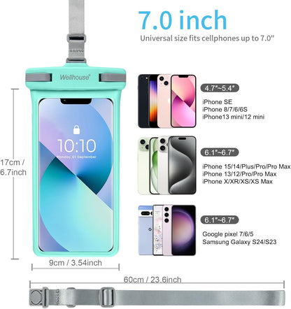 wellhouse Waterproof Phone Pouch, Waterproof Phone Case for iPhone 16 15 14 13 12 Pro Max XS Samsung, IPX8 3D Cellphone Dry Bag Beach Essentials (1 Pack - Crystal Green7.0, 7 inch)