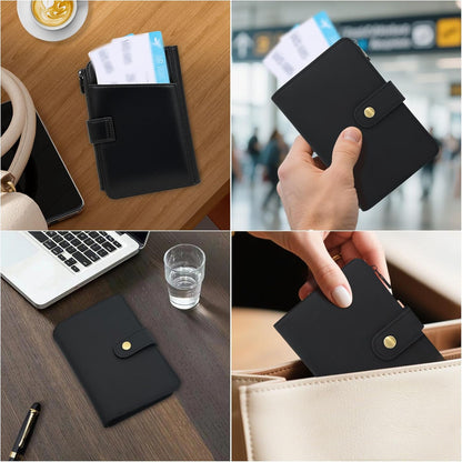 Full Grain Leather Passport Wallet, RFID Blocking Passport Holder with AirTag Slot, Multi Compartment Travel Wallet for Women & Men, Secure Passport Cover Case for Airport Essentials (Black)