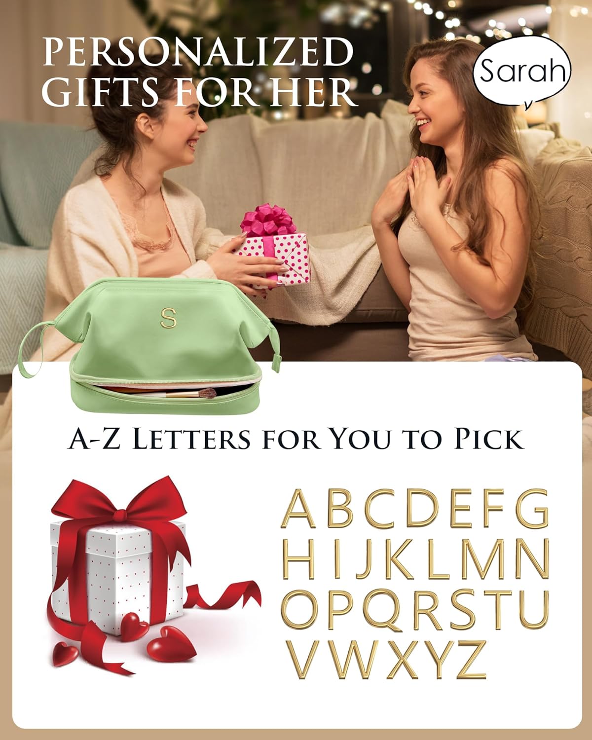 Maid Of Honor Gifts, Initial Large Makeup Bag, Bride To Be Gifts, Double Layer Cosmetic Bag, Waterproof PU Travel Toiletry Bag for Bachelorette Party Women Wedding Bridal, Bride Gifts