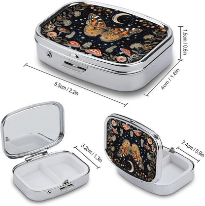 Metal 2 Compartment Pill Organizer Travel Friendly Portable Compact Pill Box Cute Pill Case,for Pocket Wallets Daily Portable Medicine Vitamin Tablet Storage (Butterfly)