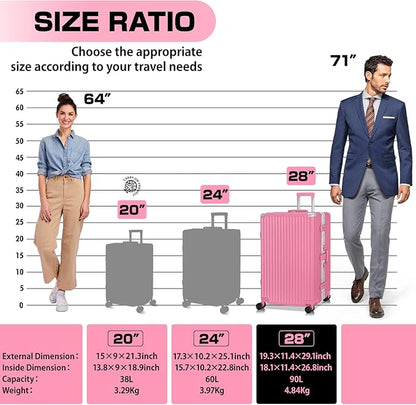 AnyZip Luggage Aluminium Frame Suitcase Hard Shell TSA Lock No Zipper 28In Rose Pink