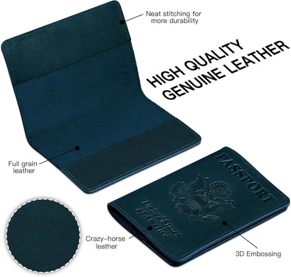 BIAOTIE Premium Leather Passport Holder Covers, Rfid Travel Wallet Passport Document Holder, Travel Essentials Wallet Cover Case for Men and Women (Blue)
