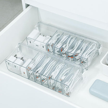 Yesesion 2 Pack Cord Organizer Box with Lid, Clear Desk Drawer Accessories Storage Case for Home Office Supplies, Art Crafts, Phone Charger, USB Cables, Marker Pen, Pencil Holder