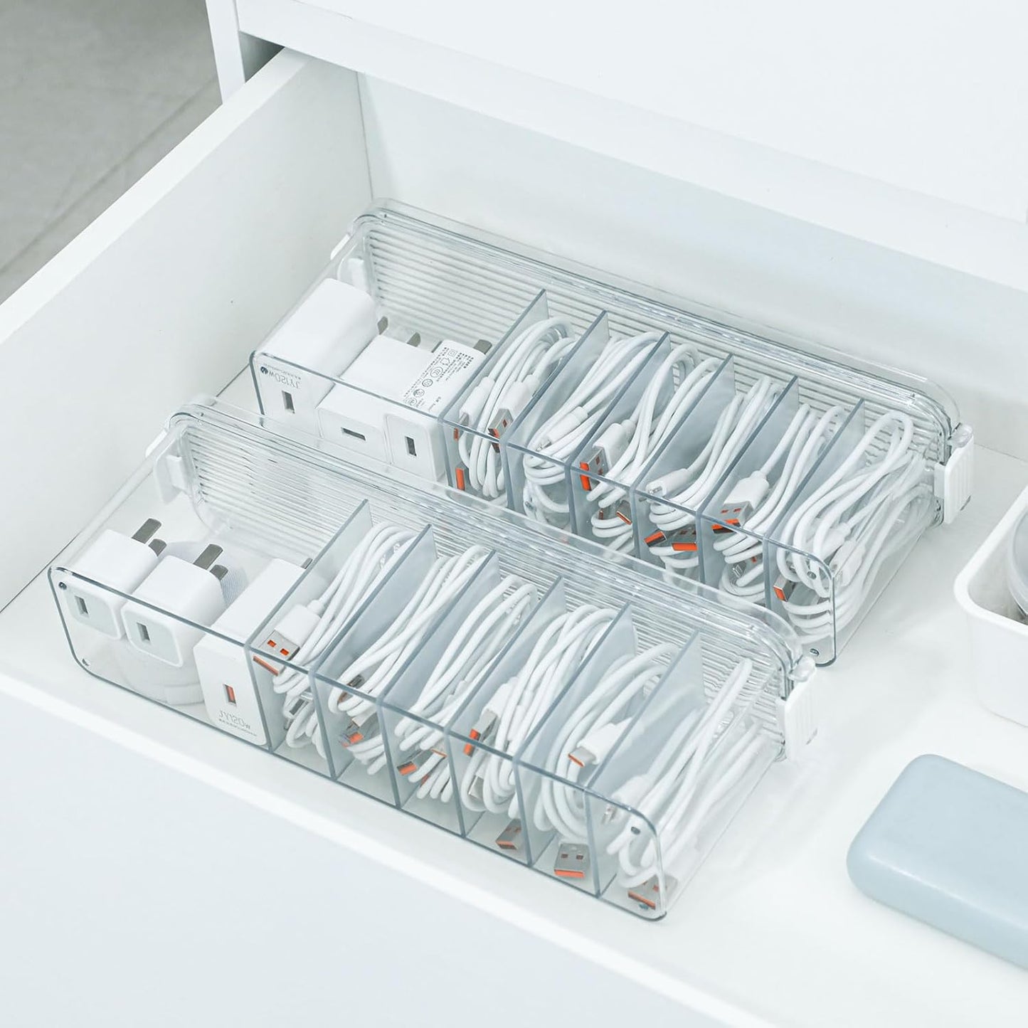 Yesesion 4 Pack Clear Cable Storage Box for Desk Drawer, Plastic Cord Organizer with Lid for Wire Ties, Electronics Accessories, Phone Charger, Art Crafts, Pencils, Marker Pen, Crayons Holder