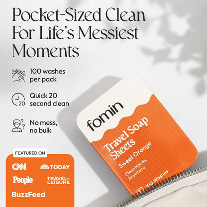 FOMIN - Antibacterial Paper Soap Sheets Tin for Traveling - (300 Sheets) Orange - Portable Travel Hand Soap Sheets, Dissolvable Mini Camping Hand Soap for Hand Washing