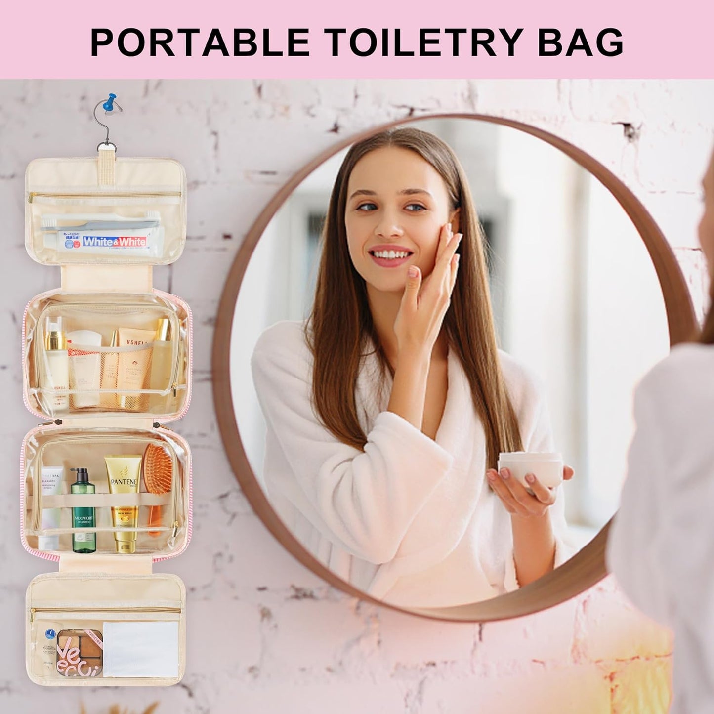 TOPEAST Birthday Gifts for Women Teen Girls - Hanging Toiletry Bag Initial Makeup Bag, Personalized Initial Cosmetic Bag Toiletry Bag, Gifts for Women Teen Girls Daughter Sister - Letter M, Pink