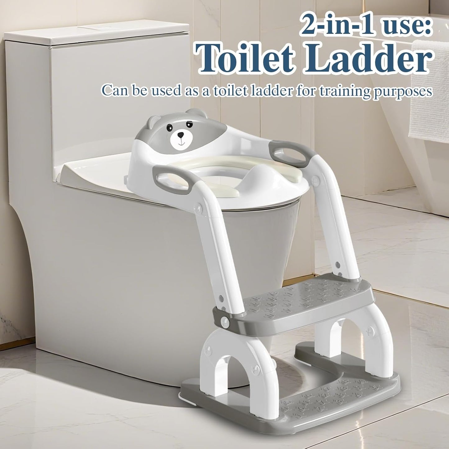 Potty Training Seat for Toddlers, Adjustable Height 2-in-1 Potty Training Toilet Ladder for Kids Boys Girls with Splash Guard, Waterproof Cushion, Anti-Slip Pad Step Stoo - Grey