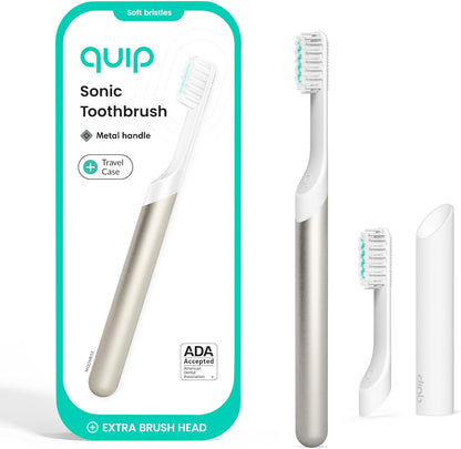 Quip Metal Sonic Toothbrush, Electric Toothbrush for Adults –Time Travel & Soft Bristles with Travel Case & Replaceable Brush Head -3-Month Battery Life - Moonrise Champagne