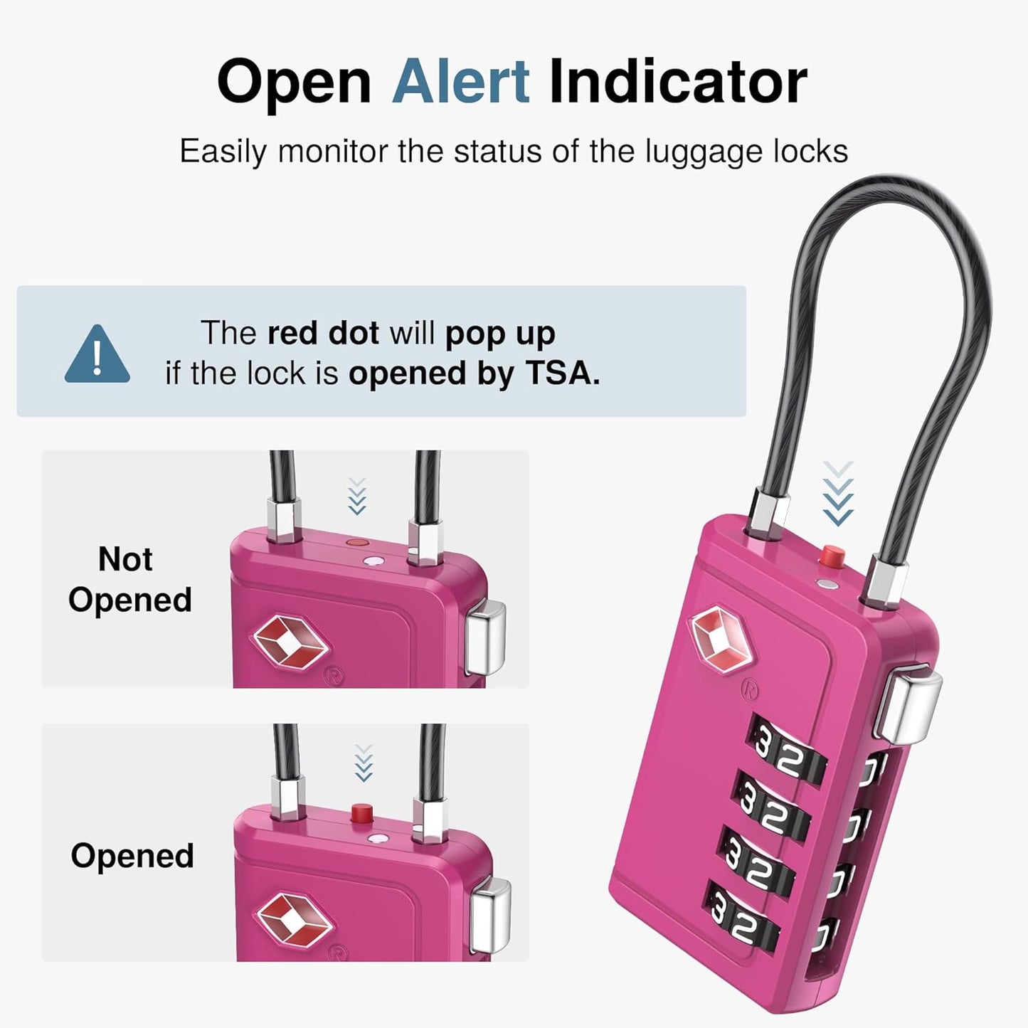 Puroma TSA Approved Luggage Travel Locks with Open Alert Indicator, 4 Digit Combination Resettable Code Zinc Alloy Lock for Suitcase, Backpack, Bag, Toolbox, Locker (2 Pack, Rose Purple)