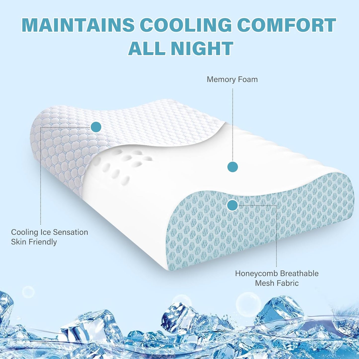 2 Pack Memory Foam Cooling Bed Pillows for Sleeping, Ergonomic Cervical Pillow for Neck and Shoulder Pain Relief, Adjustable Cold Pillow Set of 2,with Pillowcase（Blue）