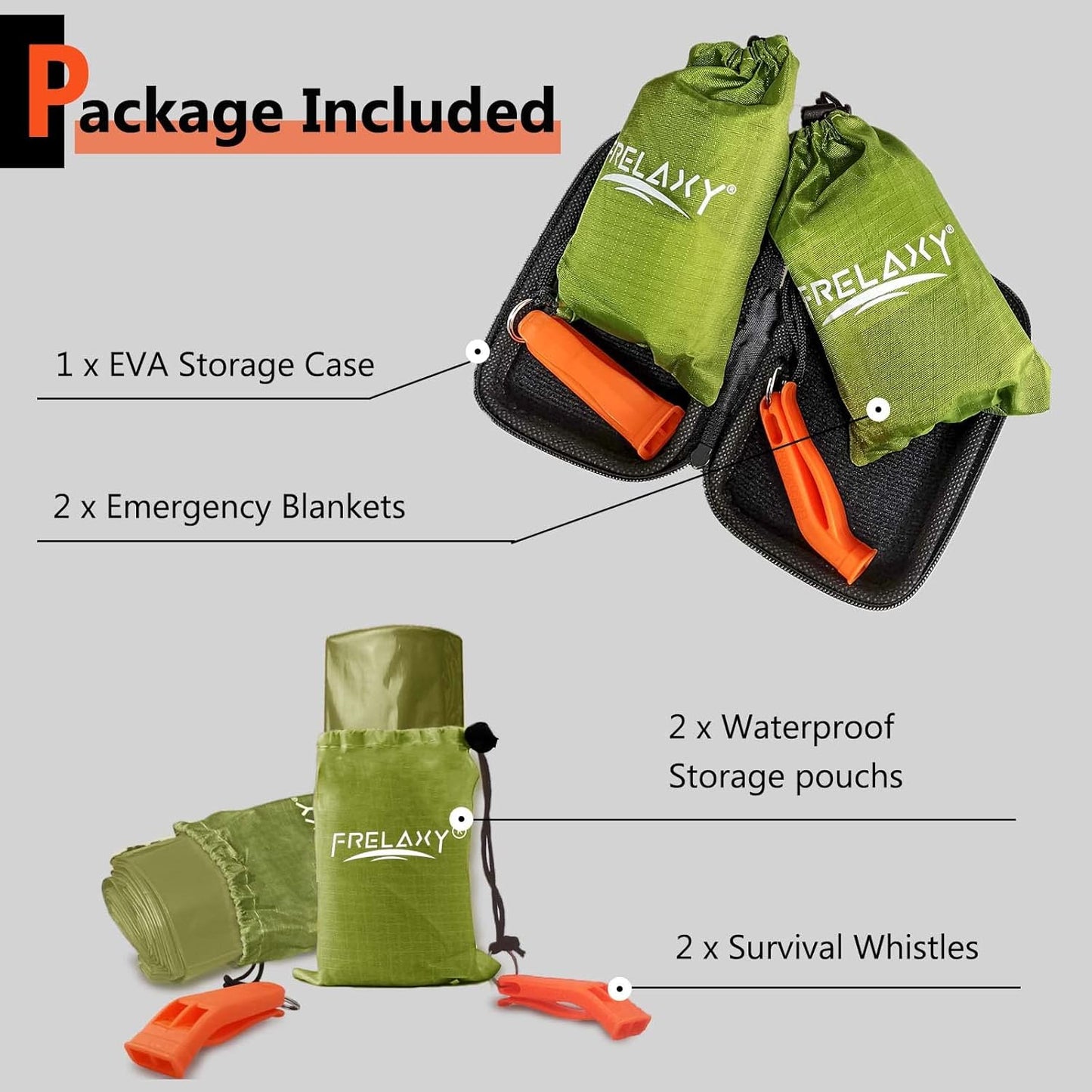 Frelaxy Emergency Blanket 2-Pack/4-Pack, Extra-Thick Extra-Large Space Blankets with Whistles, Storage Pouchs, and EVA case