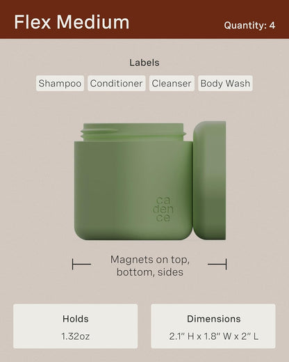 Cadence Travel Containers - Daily Routine Capsule Set - Magnetic Containers with Lids,4 Flex Mediums (1.32oz) & 3 Flex Smalls (0.56oz) - Shampoo, Conditioner, Body Wash, Pills, & More - Eucalyptus